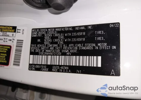 2022 Toyota Highlander L from USA, damaged, VIN 5TDCZRAH4NS121209